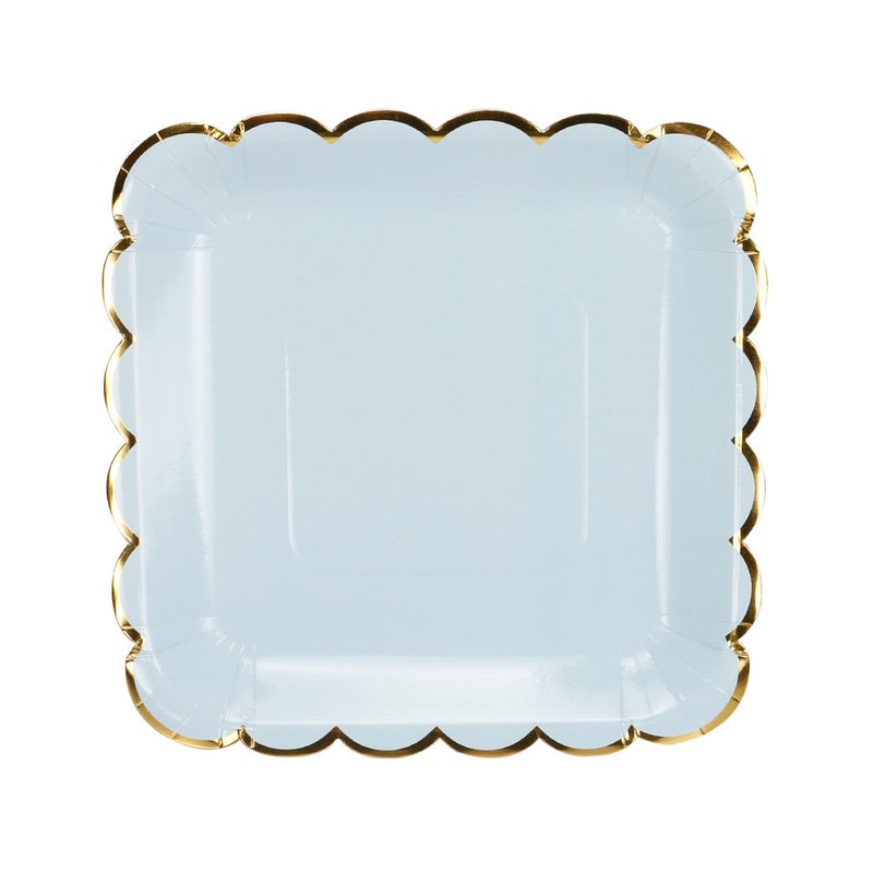 Geeklife Square Paper Plates with Sparkly Scalloped Gold Foil Border9 inch Light Blue Decorative Party Dessert Plates Set 20 count